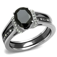 Двойка пръстен комплект дамски черен овален разрез CZ сватбен пръстен Мъжки плоска лента със скосени ръба- размер W10M10