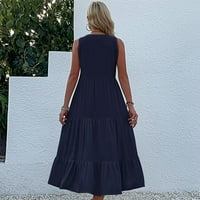 Женски рокли V-образни модни солидни средна дължина A-Line Summer Leavesess Dress Navy XL