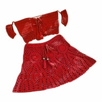Айомет с висока талия бански костюми за женски масивен цвят ръчен ръчен плетене на една кука топ мини пола за плуване бикини, червено L