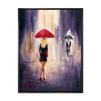 Дизайнарт момичето с чадъра ходене в дъжда Френска кънтри рамка платно за стена арт принт