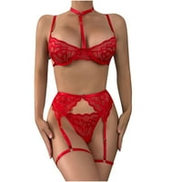 Комплект за бельо за жартиера за жени с подвижен чокер плюшено babydoll strappy lace bra и panty set red m