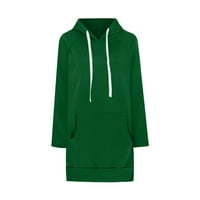 Женски твърд огромен пуловер суичър небрежен дълъг ръкав сплит подгъва рокля с качулка с кенгуру джобни зелени s