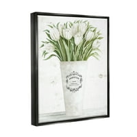 Ступел индустрии Бяло лале букет в парижки ваза флорални аранжимент джет черно рамка плаващо платно стена изкуство, 24х30
