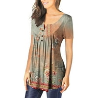Caveitl дамска тениска, женски небрежен къс ръкав отворен копче кръгла шия свободен прилягане плисирана туника риза блуза върхове