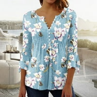 Usmixi ризи за жени ръкав v-образно пеперуда печат летни основни върхове модни плисирани подгъва леки туника блузи небесно синьо