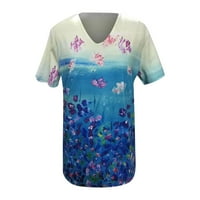 Тениска на Dyfzdhu за жени ежедневни модни разхлабени цветни печат v-образно деколте с къси ръкави
