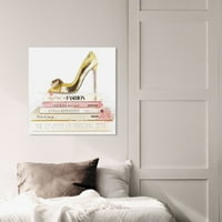 Уинууд студио Мода и глем платно принтове 'златни обувки и Руж Книги' Книги-Злато, Бяло