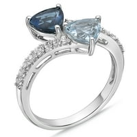 Блясък сребро истински син топаз и създаден бял сапфир байпас пръстен