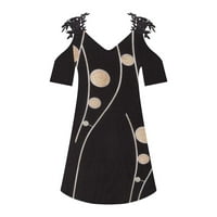 Летни рокли за жени Солидни V-образно деколте A-Line Дължина Сладка къса ръкав ваканционна рокля черна xxl