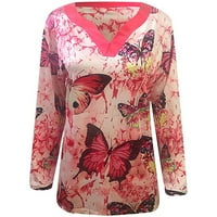 Есенни върхове за жени Сладки тениски за печат Небрежни разхлабени леки ризи върхове пеперуда печат v-образно блуза червена s