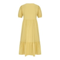 Fnochy летни рокли за жени един солиден цвят мода v-образно деколте, разхлабена къса ръкав с среден телесен рокля, люлееща се