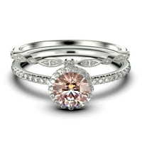 Dainty Art Deco 2. Карат кръг от режещ морганит и черен диамант Мосанит годежен пръстен, сватбен пръстен в 10K плътно бяло злато,