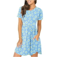 Жени къси ръкав A-Line Mini Fashion Summer Printed Round Dekline Dress Светло синьо XL