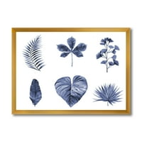 Дизайнарт 'Абстрактен Набор От Листа От Растения В Синьо' Традиционна Рамка Арт Принт