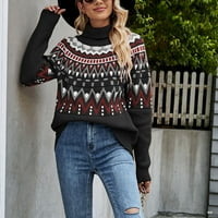 Плетат с дълъг ръкав коруртова печат щампа цветно блок винтидж дълги пуловери за жени черни размери l